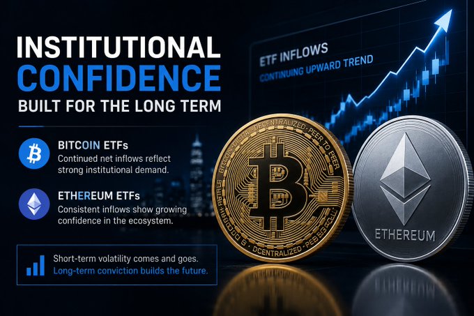 A promotional graphic titled "INSTITUTIONAL CONFIDENCE BUILT FOR THE LONG TERM" features golden Bitcoin and silver Ethereum coins alongside an upward-trending chart labeled "ETF INFLOWS - CONTINUING UPWARD TREND," with text highlighting continued net inflows into Bitcoin and Ethereum ETFs and growing ecosystem confidence. The visual reinforces the post's message by pairing physical representations of the two leading cryptocurrencies with bullish ETF data, symbolizing sustained institutional demand amid short-term volatility.