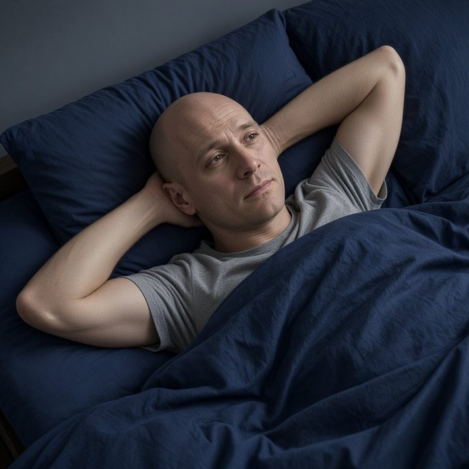 A bald man in a gray t-shirt lies awake in bed with his hands behind his head, staring thoughtfully at the ceiling against dark blue pillows and bedding.