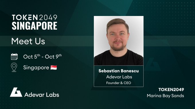 Event announcement slide for 'TOKEN2049 SINGAPORE' at Marina Bay Sands on Oct 5th-9th, featuring a headshot of Sebastian Banescu, Founder & CEO of Adevar Labs.
