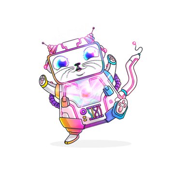 A 3D illustration of a robotic character with cat-like features, glowing eyes, and a colorful body with pink and purple accents.