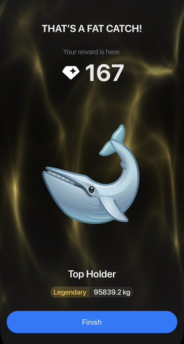 A mobile game screenshot celebrates a successful catch with the headline "THAT'S A FAT CATCH!" and rewards the player with 167 points for a Legendary "Top Holder" whale weighing 95,839.2 kg, matching the post's brag about reeling in a 95k kg whale during a fishing tournament and ranking #67 in the catch standings.