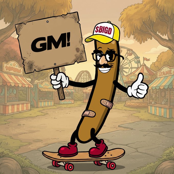 A cartoon anthropomorphic cigar character wearing glasses, a yellow '$BIGD' cap, and red shoes stands on a skateboard holding a sign that reads 'GM!' while giving a thumbs-up at an amusement park.