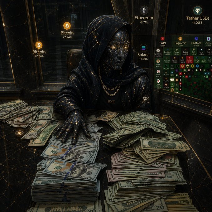 A cyborg-like person is seated at a desk with piles of high US dollar bills. He has a sweatshirt on with the EXE logo on it and is surrounded by displays providing data on Bitcoin, Ethereum, Solana andTheth Dollar.