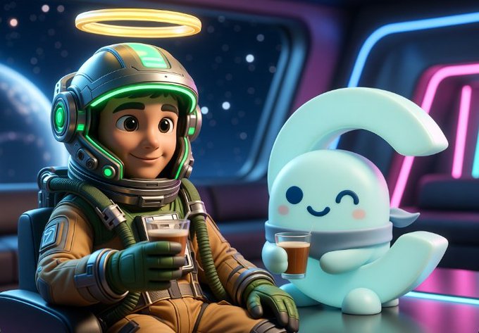 3D cartoon illustration of a friendly astronaut with a green halo holding a drink alongside a cute crescent moon character, set inside a neon-lit spaceship with space visible through the window.