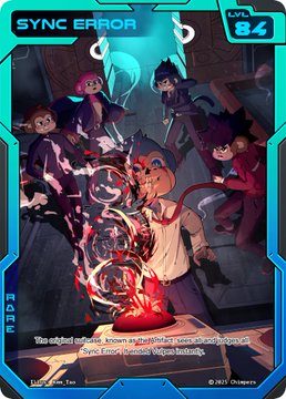 An animated trading card labeled 'SYNC ERROR' with Level 84, depicting characters with glowing magic and text describing 'Electromagnetic dagger knives.'