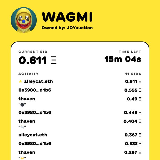 A digital interface with a yellow background displays "WAGMI" owned by "JOYauction", showing a current bid of 0.611 ETH with 15m 04s left and a list of activity from users like alleycat.eth and thaven.