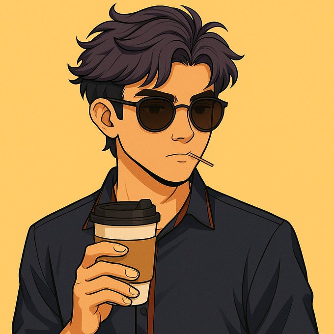An illustrated portrait of a young man with messy dark hair, wearing sunglasses and a dark shirt, holding a coffee cup and holding a stick in his mouth against a yellow background.