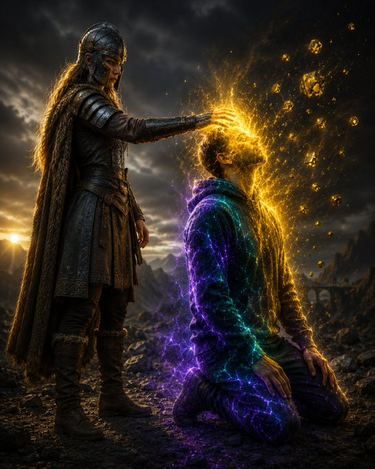 A fantasy digital artwork depicting an armored warrior placing a glowing golden hand on the head of a kneeling figure whose body emanates purple and rainbow energy.