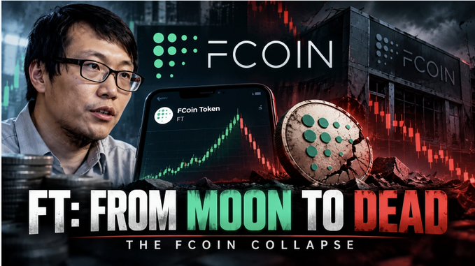 A YouTube thumbnail titled 'FT: FROM MOON TO DEAD - THE FCOIN COLLAPSE' featuring a man wearing glasses, a phone displaying an FCOIN Token (FT) chart, and a cracked FCOIN logo.