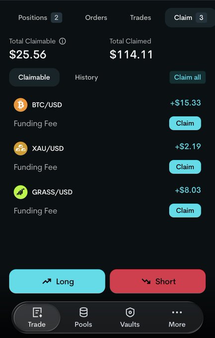 A cryptocurrency trading app interface showing a Claim tab with Total Claimable $25.56 and Total Claimed $114.11, listing funding fees for BTC/USD (+$15.33), XAU/USD (+$2.19), and GRASS/USD (+$8.03) with Long/Short buttons at the bottom.