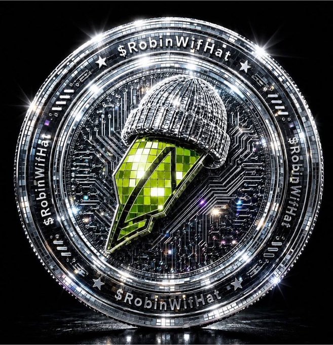 The image displays a digital coin-like emblem for "$RobinWifHat" featuring a diamond-shaped green pixelated logo wearing a beanie, surrounded by circuit board designs and stars. The accompanying post highlights that $RobinWifHat ($WIF) is gaining momentum with an upcoming NFT mint that could serve as a major catalyst, reinforcing the coin's tech-inspired branding shown in the image.