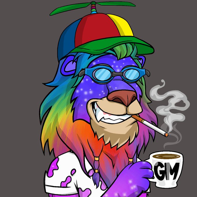 A colorful cartoon illustration of a purple lion-like character with a rainbow mane, wearing blue goggles, a propeller beanie, and smoking a cigarette while holding a "GM" coffee mug.