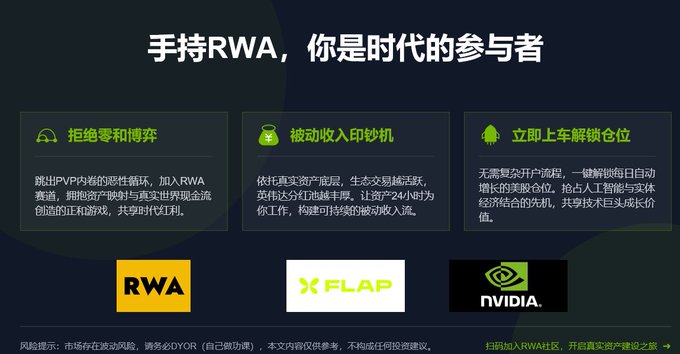 The image features a presentation slide with three different logos, including one for RWA, another for Flip, and a third for NVDA. The text "RWA" is displayed at the top of the slide, while the other two logos are positioned below it. The background color of the slide is black, which contrasts with the white text used to display the logos. The image also includes Chinese characters that translate to "Flap", "RWA", and "Binance".