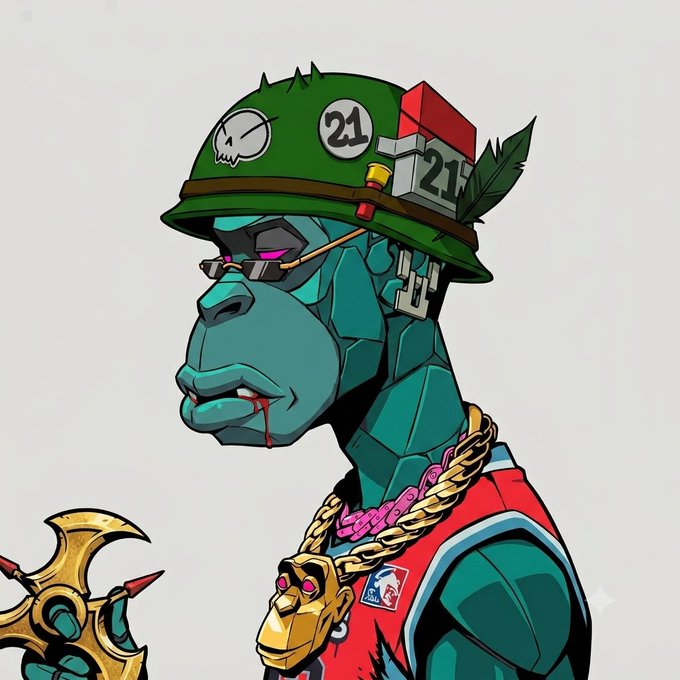 A stylized NFT-style illustration of a teal-skinned character wearing a green military helmet marked with '21', sunglasses, gold chains, and a red jersey, holding a weapon.