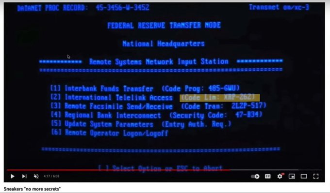 A terminal screen from the film *Sneakers* displays the "AutoNET PROD RECORD: 45-3456-W-3452" at "Transnet sw/xc-3," showing a Federal Reserve Transfer Mode menu at the National Headquarters with options including Interbank Funds Transfer and International Intellink Access (Code Lin: XRP-262). The highlighted "XRP-262" code ties into the post's note about Ripple's anniversary and "Talk Like A Pirate" Day falling on day 262 (September 19).