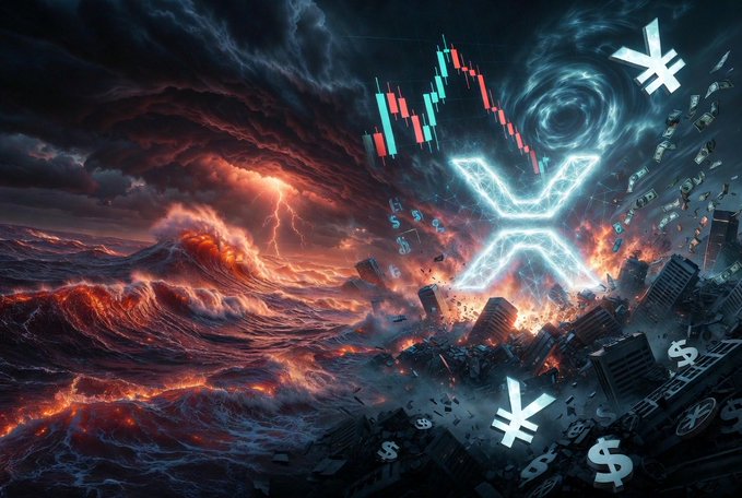 A dramatic scene depicting a financial storm with crashing red and teal candlestick charts, a glowing XRP logo at the center, and yen and dollar symbols swirling amid stormy seas and collapsing cityscapes.