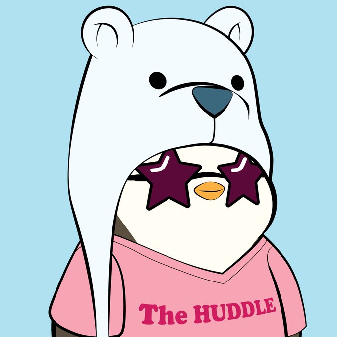 A cartoon penguin wearing star-shaped sunglasses, a polar bear hat, and a pink shirt that reads 'The HUDDLE'.