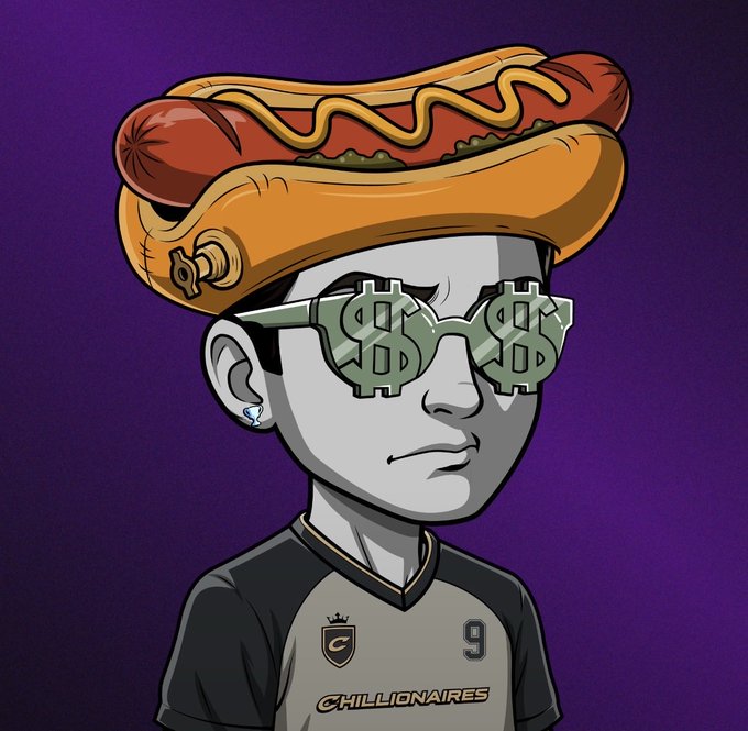 A cartoon avatar of a character wearing dollar-sign glasses and a hot dog on their head, dressed in a grey and black jersey with the number 9 and the word 'CHILLIONAIRES'.
