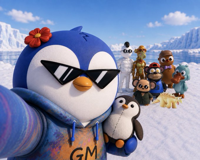 A playful 3D-style illustration featuring a penguin wearing sunglasses and a flower, holding a small plush penguin, with 'GM' on its hoodie, taking a selfie with a diverse group of cartoon characters including figures in suits, monkeys, and a dinosaur in a snowy arctic landscape.
