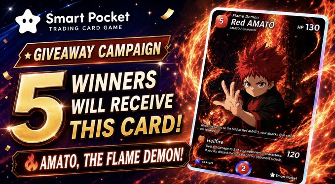A "Smart Pocket Trading Card Game" giveaway announcement promoting five winners receiving the "Red AMATO" card (HP 130, damage 120), featuring the character "Amato, the Flame Demon" with a Hellfire ability that deals 40 damage to 2-4 opponents, set against a fiery background. The image ties to the post's promotion of an AMATO series card giveaway at smapocke.com.