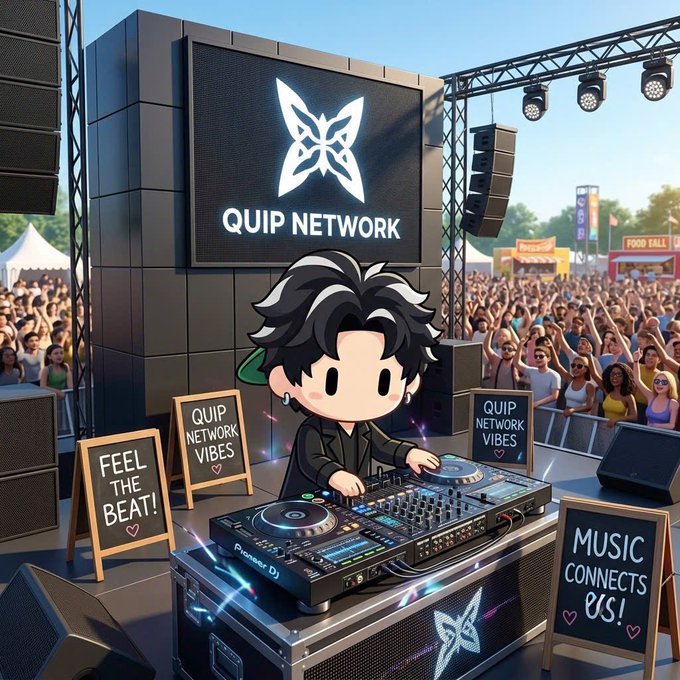 A chibi-style DJ works a mixing deck at a vibrant outdoor music festival, with a large LED screen displaying the "QUIP NETWORK" logo and butterfly emblem above. Surrounding chalkboard signs read "FEEL THE BEAT!," "QUIP NETWORK VIBES," and "MUSIC CONNECTS US!" amid an enthusiastic crowd, while the post highlights Quip Network's ambition to build a universal post-quantum security layer with multi-language SDKs—playfully framing the project's "vibe" of connecting ecosystems through music-like interoperability.