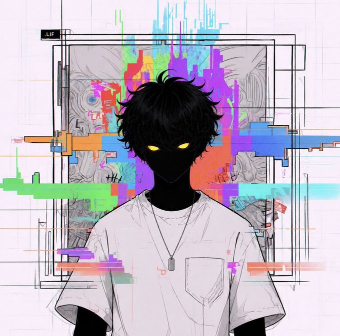 The image shows a stylized illustration of a figure with a pitch-black face and glowing yellow eyes, wearing a white t-shirt and dog tag necklace, set against a backdrop of glitchy, pixelated colorful graphics with a ".LIF" label in the corner. The post "gud morin……..time to cook" suggests a morning mood of ready to start the day, mirroring the energetic, glitch-art aesthetic and the "awakening" feel of the dark figure with luminous eyes.