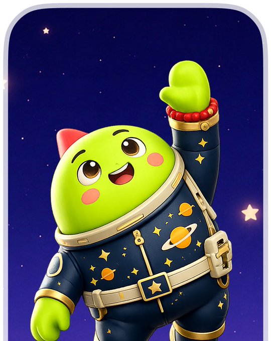 A cartoon-style green character wearing a star and planet-patterned space suit waves cheerfully against a starry purple cosmic background.
