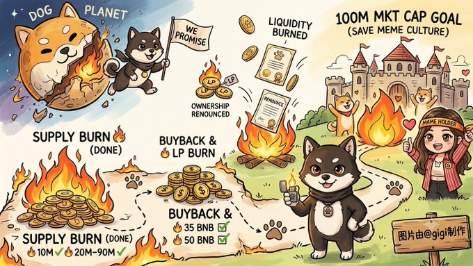 A promotional illustration for Mame Inu ($mamebnb) features Shiba Inu–style cartoon dogs and a female mascot wielding a "Meme Holder" sign, highlighting key milestones tied to the post: completed LP burn, ownership renouncement, and a 35 BNB + 50 BNB buyback & burn, all framed around a "100M MKT CAP GOAL" to "save meme culture."