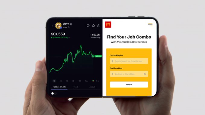 A pair of hands holds a smartphone displaying two apps side by side: a crypto trading chart showing the $CATE token price at $0.0559 (up 16.27%), and a McDonald's "Find Your Job Combo" page, humorously visualizing the meme that investing in the Solana-based CATE token will leave users seeking fast-food jobs.
