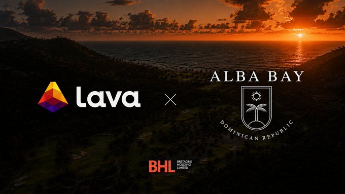 The image features an advertisement for a company called "Alba Bay" that has a partnership with another company, "Lava", as well as a third company named "BHL Group". The text in the image suggests that Alba Bay is launching a tokenization project and invites people to participate. The background of the image shows a beautiful sunset over a mountain range, creating an appealing visual for the advertisement.