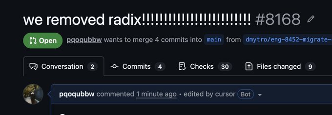 The image shows a screenshot of a webpage with a message that reads "We removed radix!" followed by a number. The text indicates that the radix has been removed from the webpage. The main focus of this message is the removal of the radix, and there are two comments in the image. One comment is from a person named @base_ui, who has edited the post to say "officially migrated to @base_ui RIP radix, forever." This indicates that the post was originally about removing the radix but has been edited by another user.