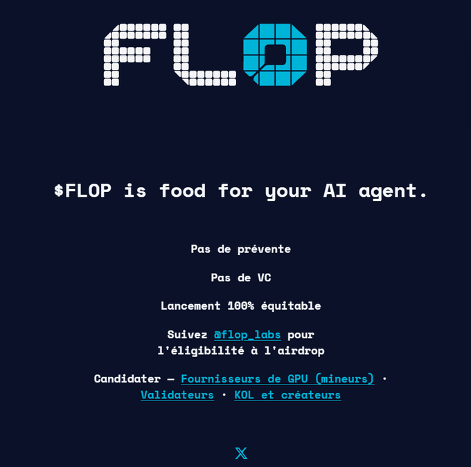 A dark promotional poster for '$FLOP' describes the token as 'food for your AI agent,' noting a 100% equitable launch with no presale or VC, and inviting GPU providers, validators, and creators to apply for an airdrop.