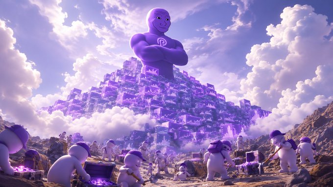 The image features a large purple statue standing atop a mountain, surrounded by numerous smaller figures of people. The sky above them is filled with clouds, creating an atmosphere of mystery and intrigue. In the caption provided, there are two instances of the word "crypto" which might be related to the post or could be part of the image's title.