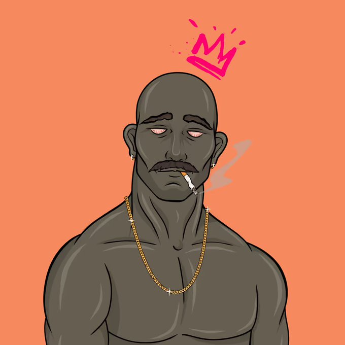 A stylized illustration of a bald man with a mustache smoking a cigarette, wearing a gold chain, with a pink crown floating above his head.