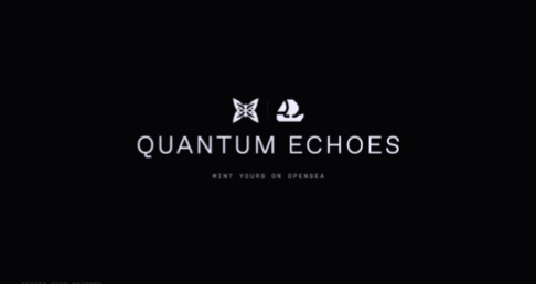 A minimalist title card reading 'QUANTUM ECHOES - MINT YOURS ON OPENSEA' with small butterfly and moon icons on a black background.
