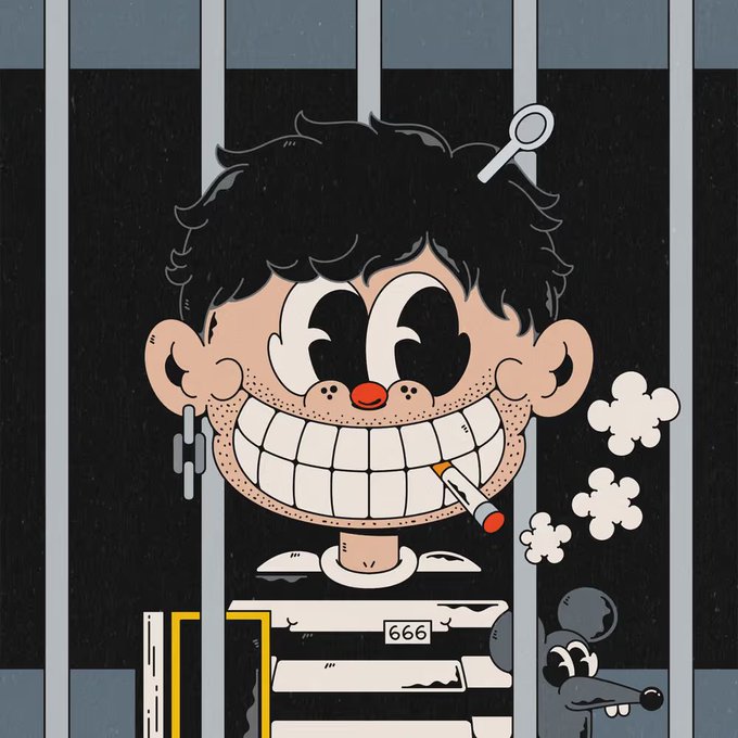 A cartoon-style illustration shows a wide-grinning, big-eyed character with messy black hair, a nose ring, and a cigarette in their mouth, depicted behind prison bars with the number "666" on their striped shirt. The edgy, rebellious artwork matches the "Wacky Fits" NFT character's personality, highlighting the bold curatorial choice and the impressive 30x return from mint.