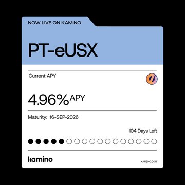 The image features a flyer for PT-eUSX offered by Kamino. It states that new PT maturities are live on Kamino, with PT-USX and PT-eUSX available as collateral for fixed-yield positions in the @solsticefi Market. This indicates an opportunity to borrow USX or USDG against fixed-yield looping strategies. The flyer also provides details about maturity dates and interest rates, along with a link to access the offerings on Kamino's website.