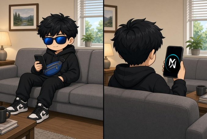 A repeat of the chibi-style illustration showing a black-haired character in sunglasses on a couch, presented in both front and back views holding a phone with an "X" logo.