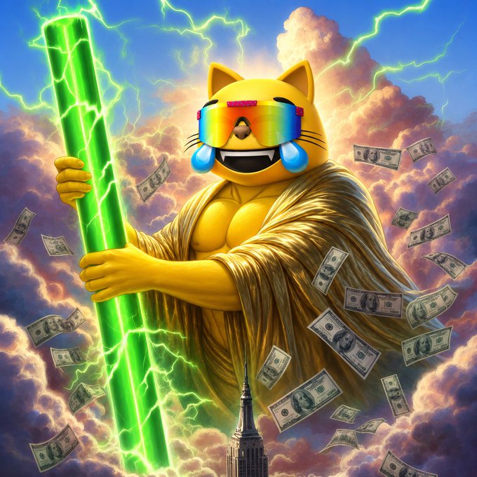 A vibrant digital artwork of a yellow cat-like character wearing reflective sunglasses and a gold robe, wielding a glowing green lightning staff while dollar bills rain down from dramatic clouds above a city skyline.