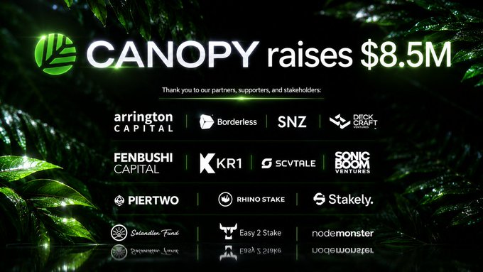 The image announces that Canopy (CNPY) raised $8.5M, displayed against a green foliage background with the Canopy logo. It lists the project's investors and partners, including Arlington Capital, Borderless, SNZ, Deck Craft Ventures, Fenbushi Capital, KR1, ScvTale, Sonic Boom Ventures, Piertwo, Rhinostake, Stakely, Sekantus Fund, Easy 2 Stake, and nodemonster. The visual reinforces the post's message about Canopy's role in advancing blockchain infrastructure by making sovereignty more accessible to builders.
