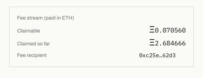 A fee stream interface displays 0.070560 ETH claimable and 2.684666 ETH claimed so far, sent to fee recipient address 0xc25e...62d3, suggesting it relates to the post's discussion of wallet activity and the alleged dev "Pleasure" selling tokens from side wallets.