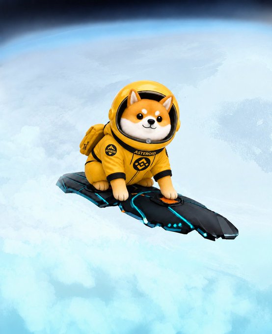 Digital illustration of a Shiba Inu dog wearing a yellow 'ASTEROID' spacesuit, riding a futuristic hoverboard above the clouds.