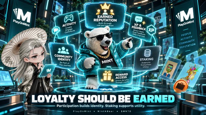 PlayOnMint promotional banner featuring a bear character in sunglasses and gold chain, with the tagline 'LOYALTY SHOULD BE EARNED' and features including Activity Tracking, Community Identity, Staking, Reward Access, and XP & Feedback.