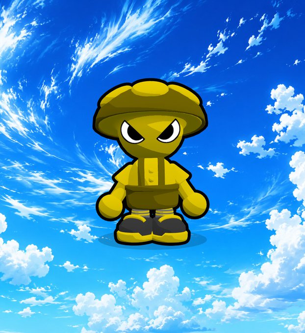 An AI-generated image of a yellow character resembling a military figure standing against a bright blue sky with wispy clouds.