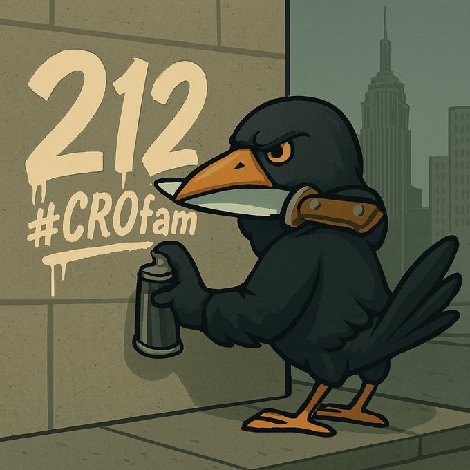 A cartoon illustration depicts an anthropomorphic crow holding a spray paint can, standing next to graffiti reading '212 #CROfam' with a city skyline in the background.