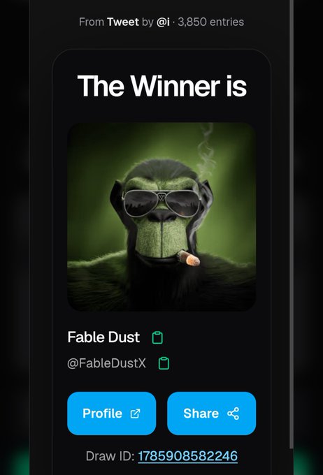 A mobile notification shows "The Winner is" from a Tweet by @i with 3,850 entries, displaying an image of a monkey wearing sunglasses holding a lit cigar, with the winning username "Fable Dust" (@FableDustX) below, along with Profile and Share buttons and Draw ID: 1785908582246, announcing FableDustX as the $50 prize winner.