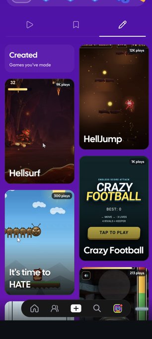 A purple app interface displays a 'Created' games section featuring HellSurf, HellJump, 'It's time to HATE', and Crazy Football.