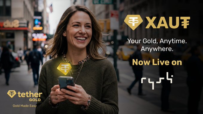 A smiling woman checks her smartphone on a busy city street, with the "XAUt" Tether Gold logo hovering above her phone. The image is overlaid with promotional text reading "XAUt - Your Gold, Anytime. Anywhere. Now Live on Rysk," alongside the Tether Gold logo and tagline "Gold Made Easy."