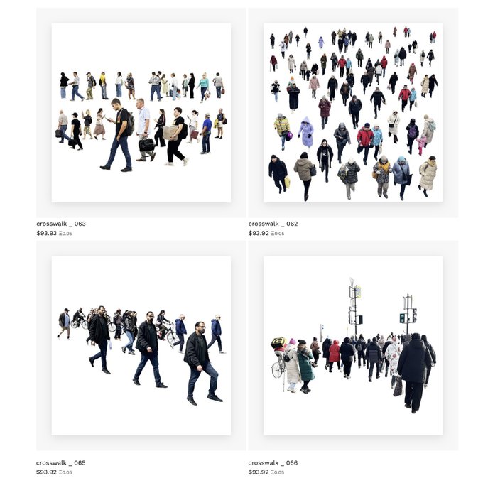 An e-commerce or NFT marketplace listing page displaying four "crosswalk_" themed photographs (numbered 063, 062, 065, 066) showing isolated crowds of pedestrians on white backgrounds, each priced at $93.92 Ξ05. The grid format showcases the available artwork collection referenced in the post as "CRSSWLK / 4 available," corresponding to the four visible items for sale.