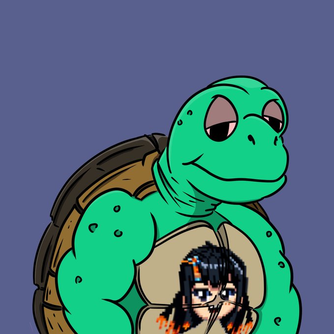 A cartoon green turtle holds an anime-style character with black hair in its arms, set against a solid purple background.